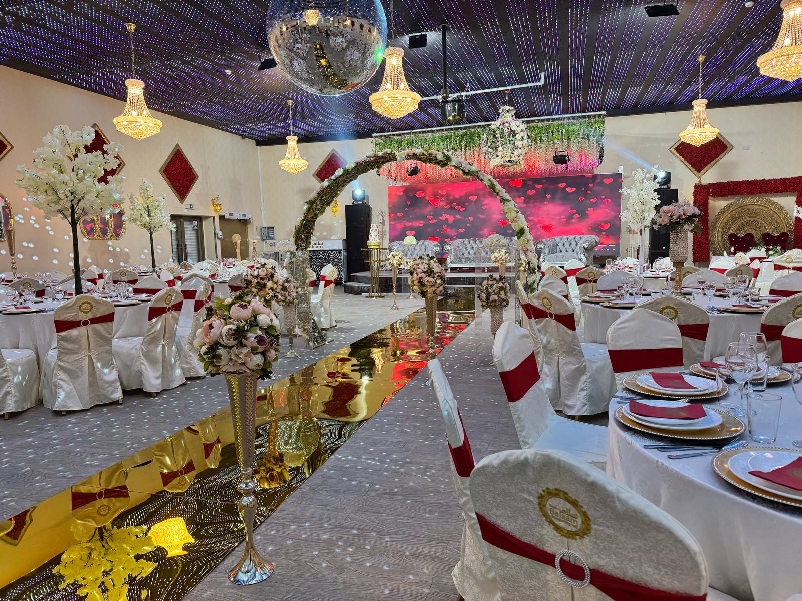 Banqueting Hall with Flower Arch and LED Lighting